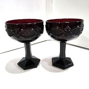 Pair Vintage Avon 1876 Cape Cod Ruby Red Glass Sherbet Dessert Glasses 4.5"